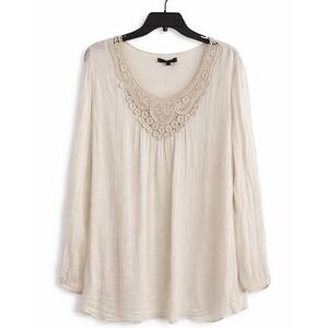 Carla Conti SILK Light Cream Crochet-Trim Long-Sleeve Blouse made in ITALY